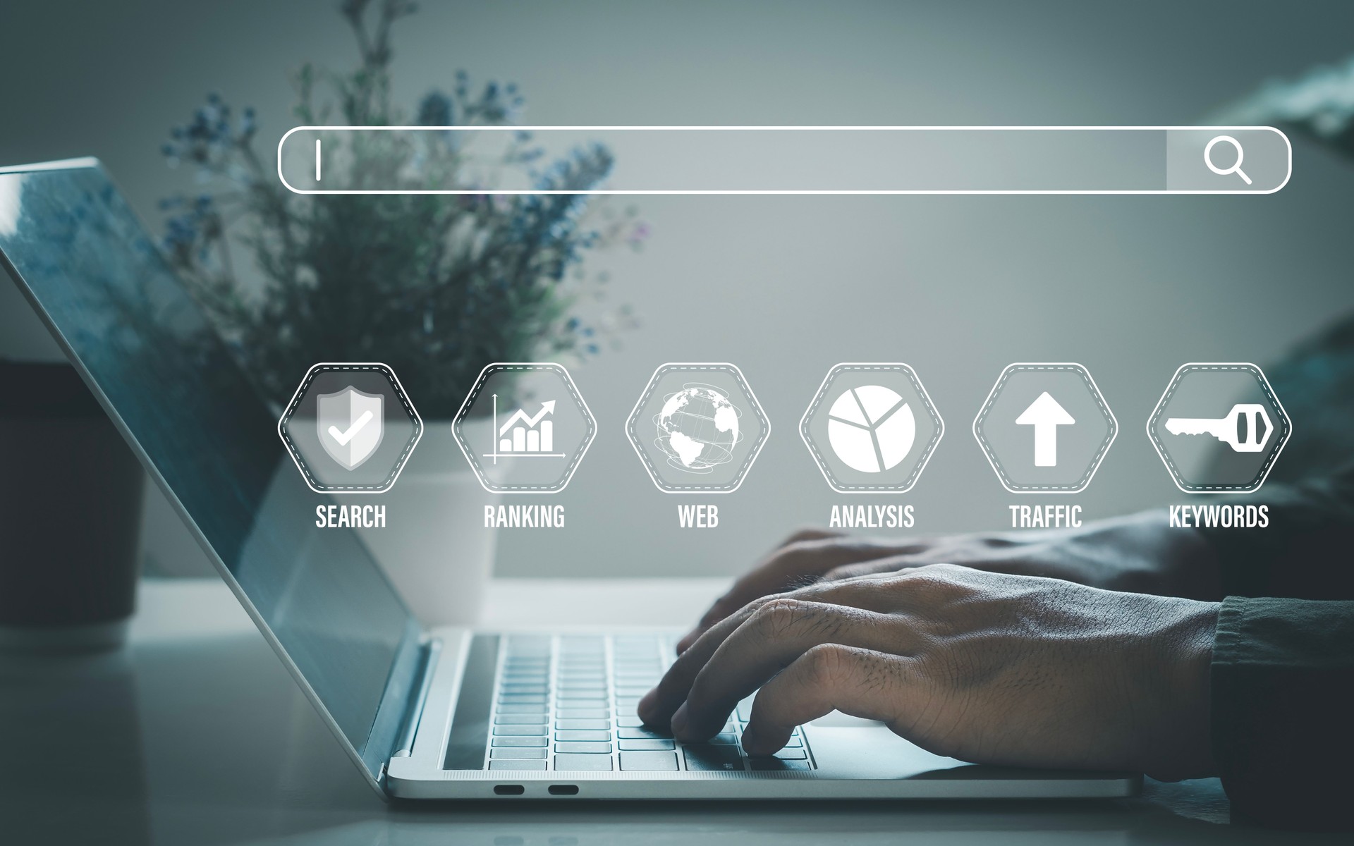 Businessman using computer for Search Engine Optimization or SEO and web promotion concept. search engine and optimization to rank